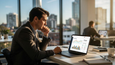 Fintech professional reviewing banking dashboards at Sydney office desk, afternoon light