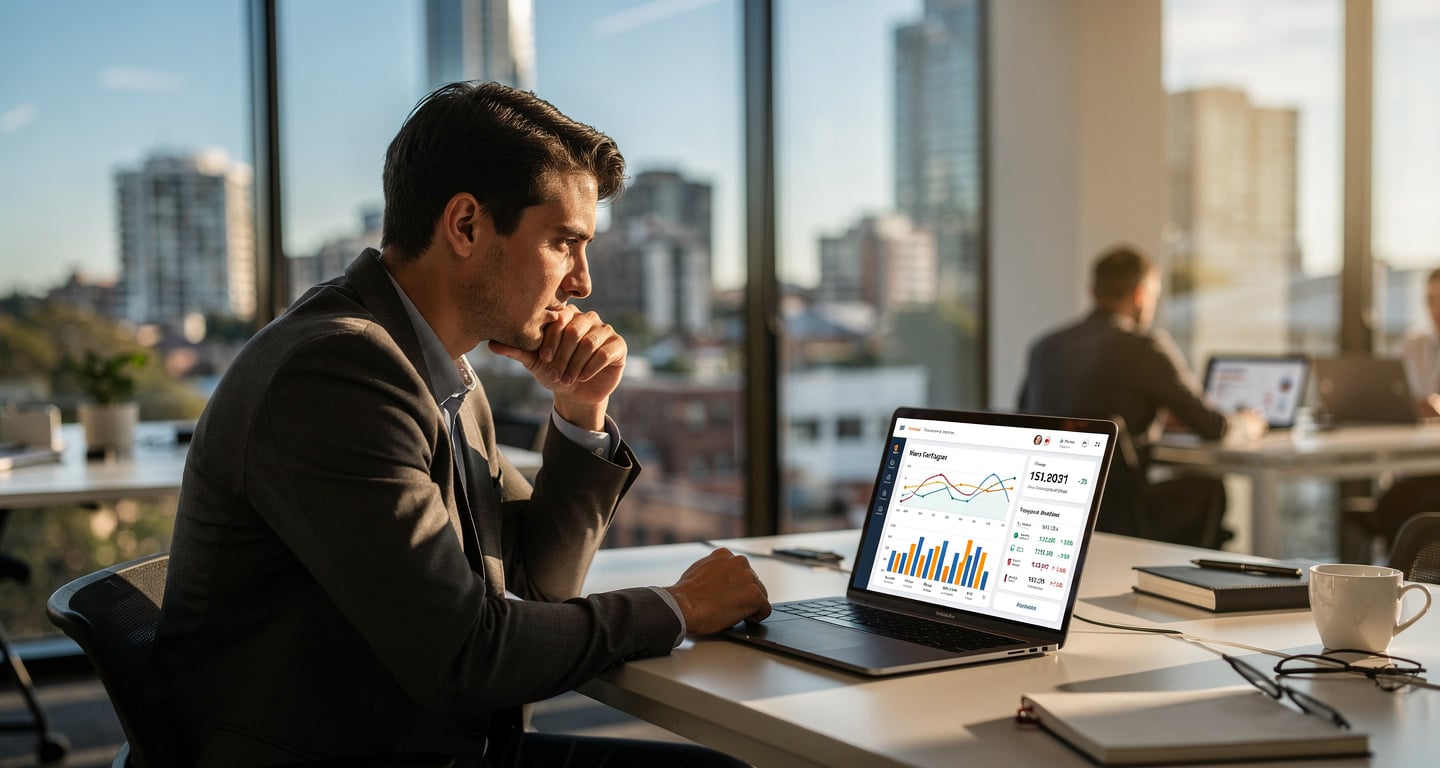 Fintech professional reviewing banking dashboards at Sydney office desk, afternoon light