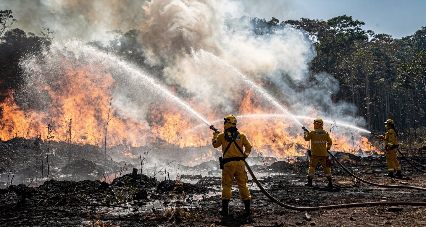 Firefighters spraying water at burning peatland forest in Kalimantan, thick smoke and flames visible