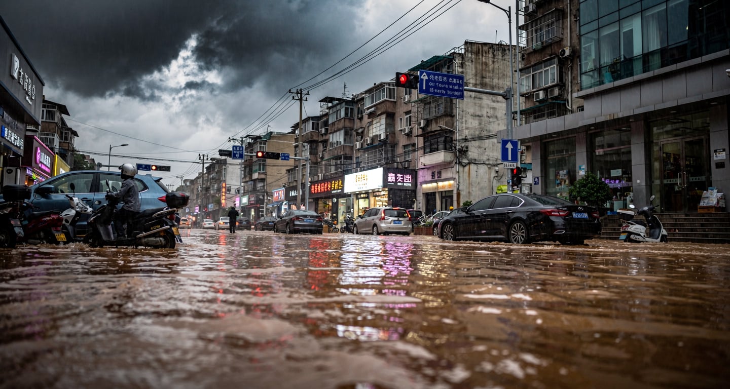 Flooded street in Shanghai during heavy rainfall, water rising against buildings