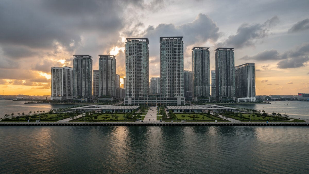 Forest City skyline at dusk, Johor, Malaysia, modern towers on reclaimed islands