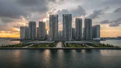 Forest City skyline at dusk, Johor, Malaysia, modern towers on reclaimed islands