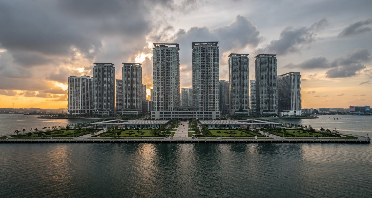 Forest City skyline at dusk, Johor, Malaysia, modern towers on reclaimed islands