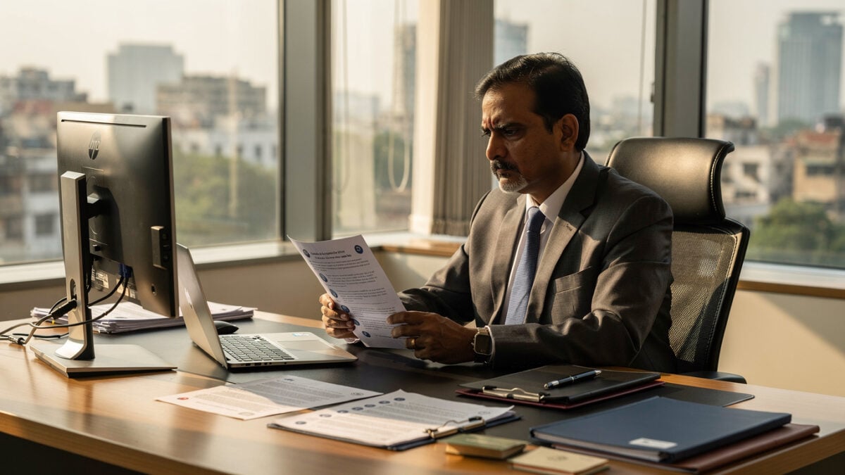 Government official reviewing Meta compliance documents in New Delhi office, afternoon light