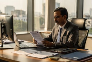 Government official reviewing Meta compliance documents in New Delhi office, afternoon light