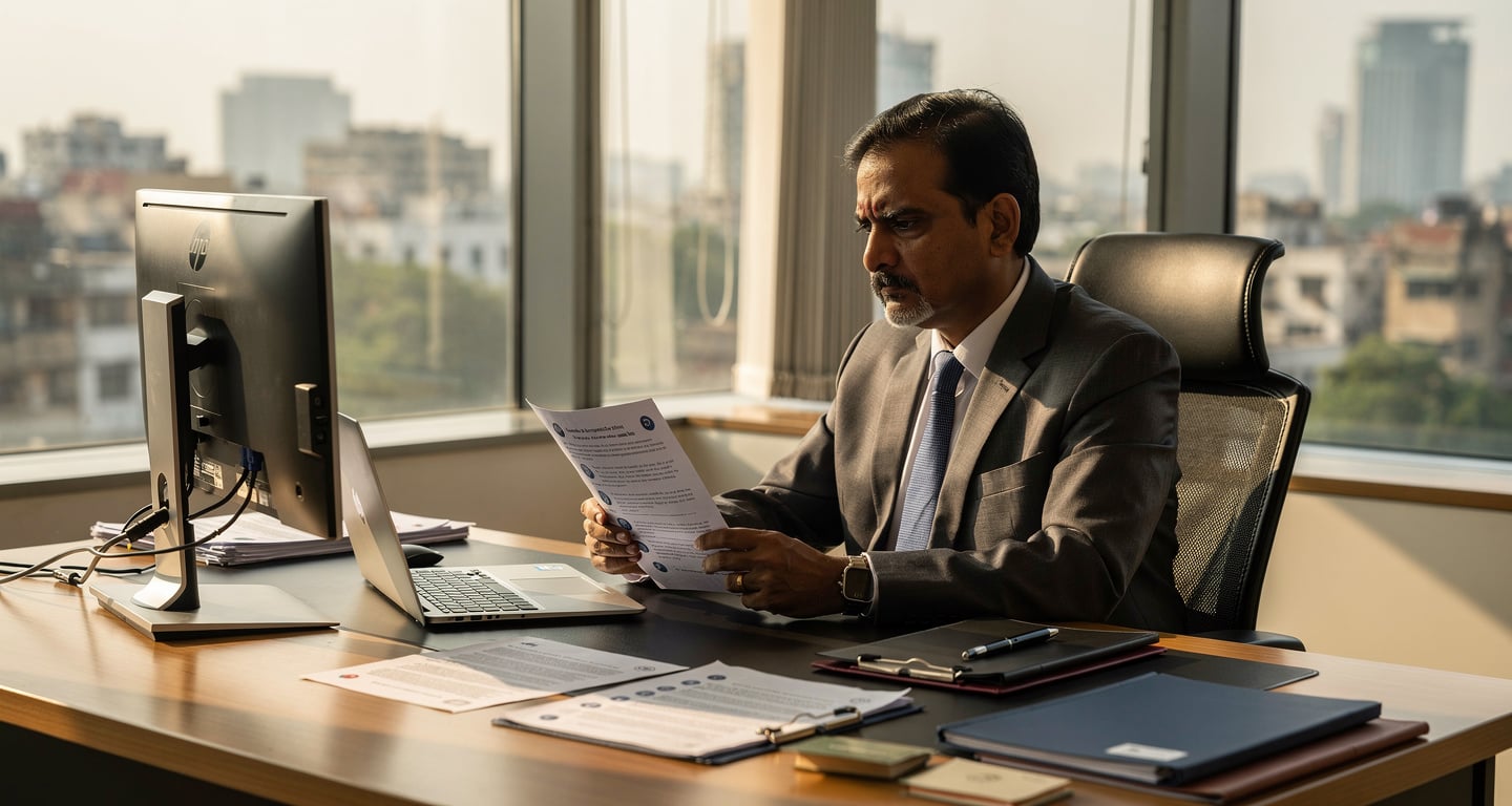 Government official reviewing Meta compliance documents in New Delhi office, afternoon light