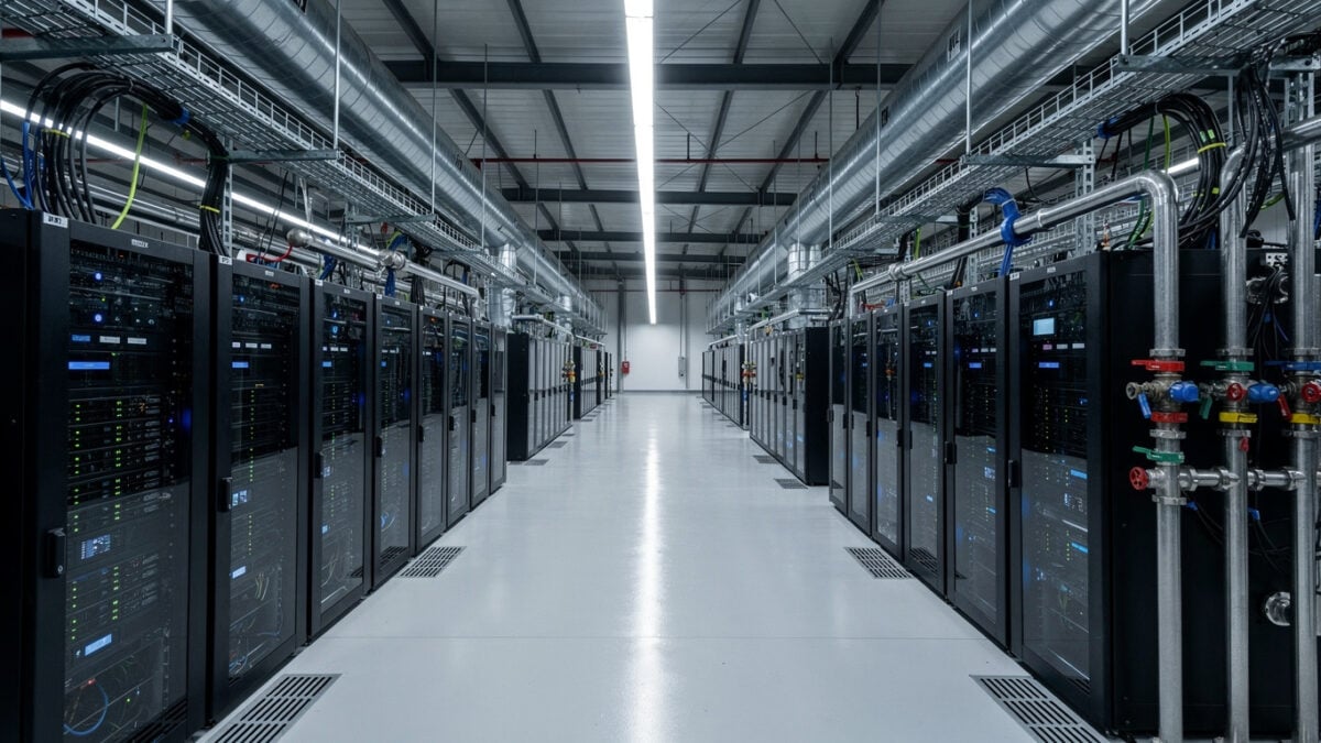GPU server rows in data centre facility, Batam Indonesia, industrial precision lighting
