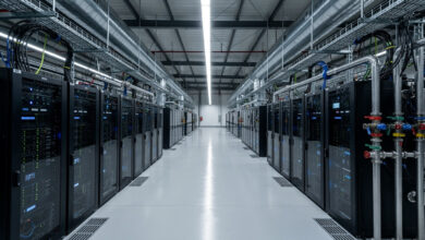 GPU server rows in data centre facility, Batam Indonesia, industrial precision lighting