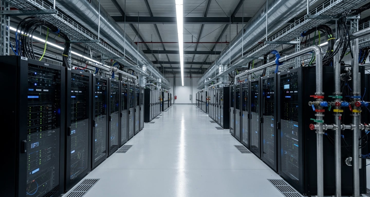 GPU server rows in data centre facility, Batam Indonesia, industrial precision lighting