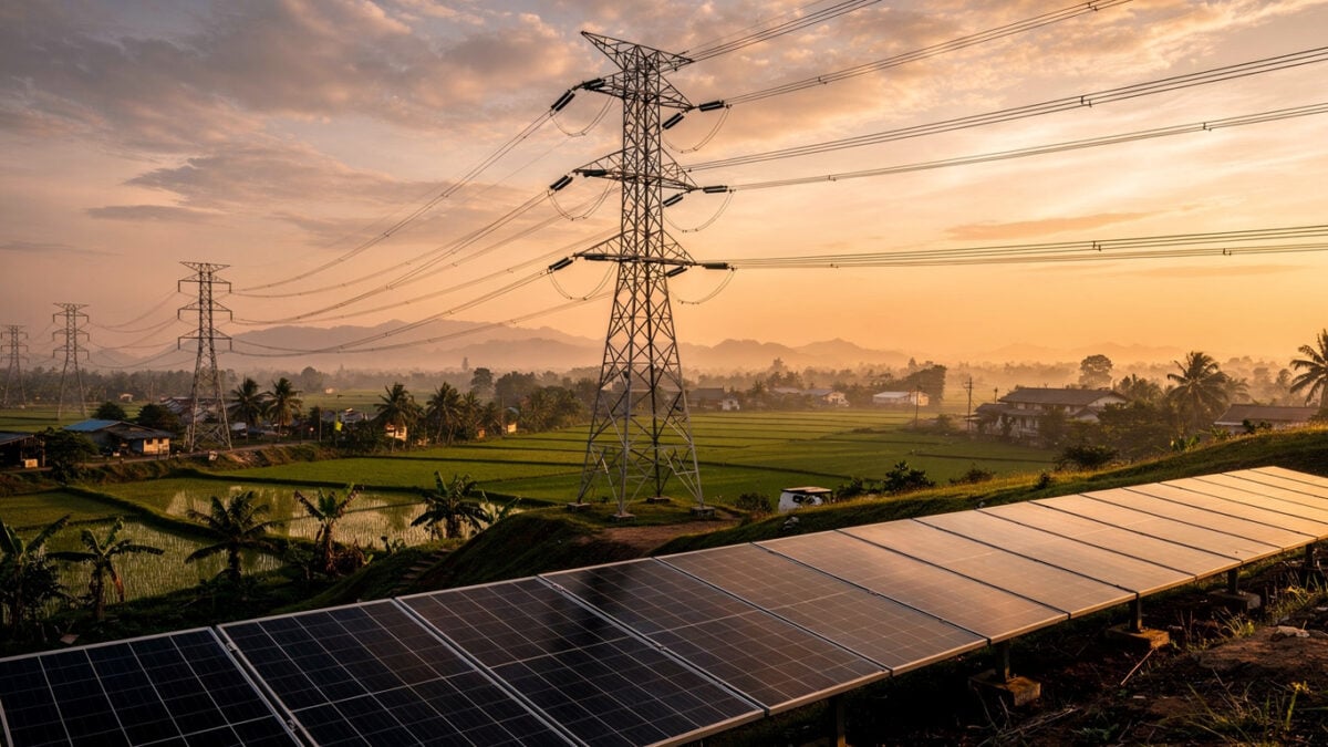 High-voltage transmission towers and power lines crossing Southeast Asian landscape with solar panels below, dusk lighting