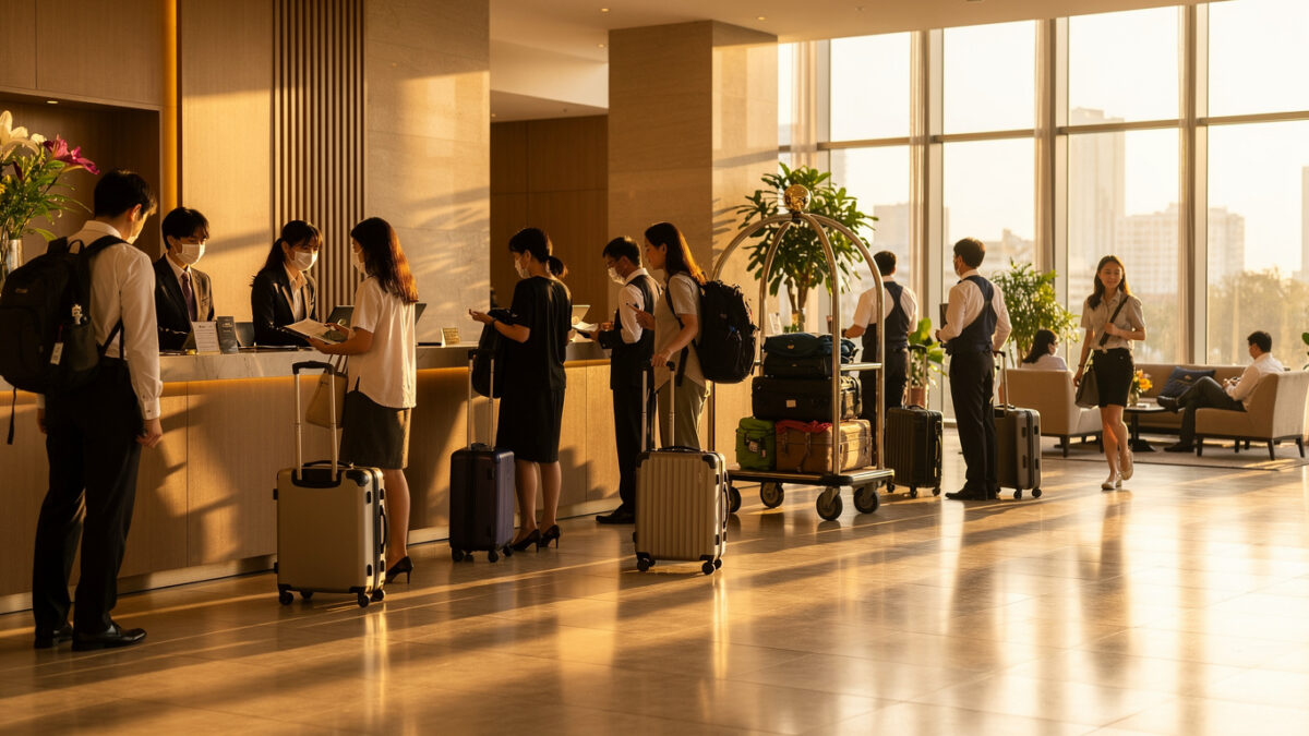 Hotel lobby in Bangkok with tourists at reception desk, afternoon light