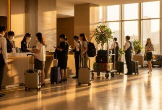 Hotel lobby in Bangkok with tourists at reception desk, afternoon light