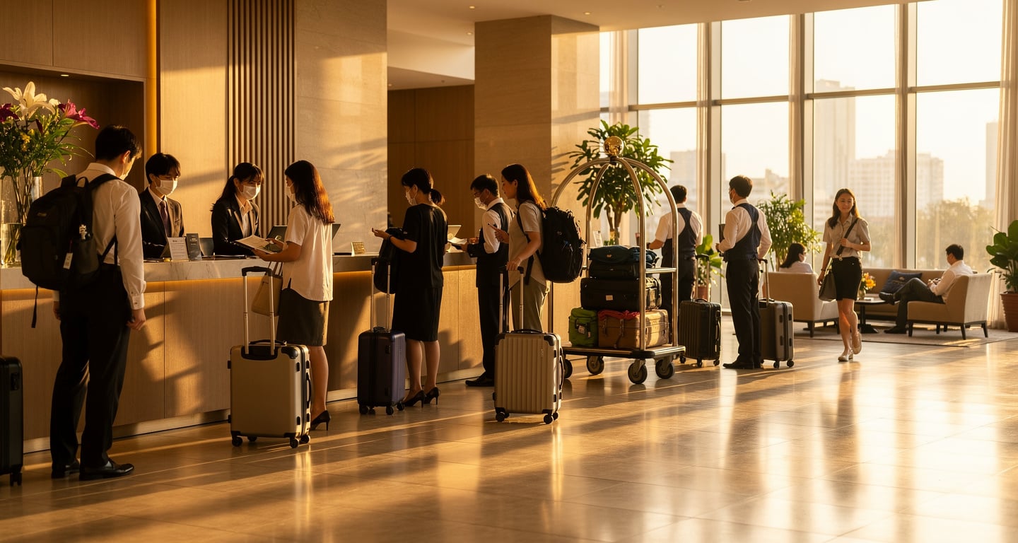 Hotel lobby in Bangkok with tourists at reception desk, afternoon light