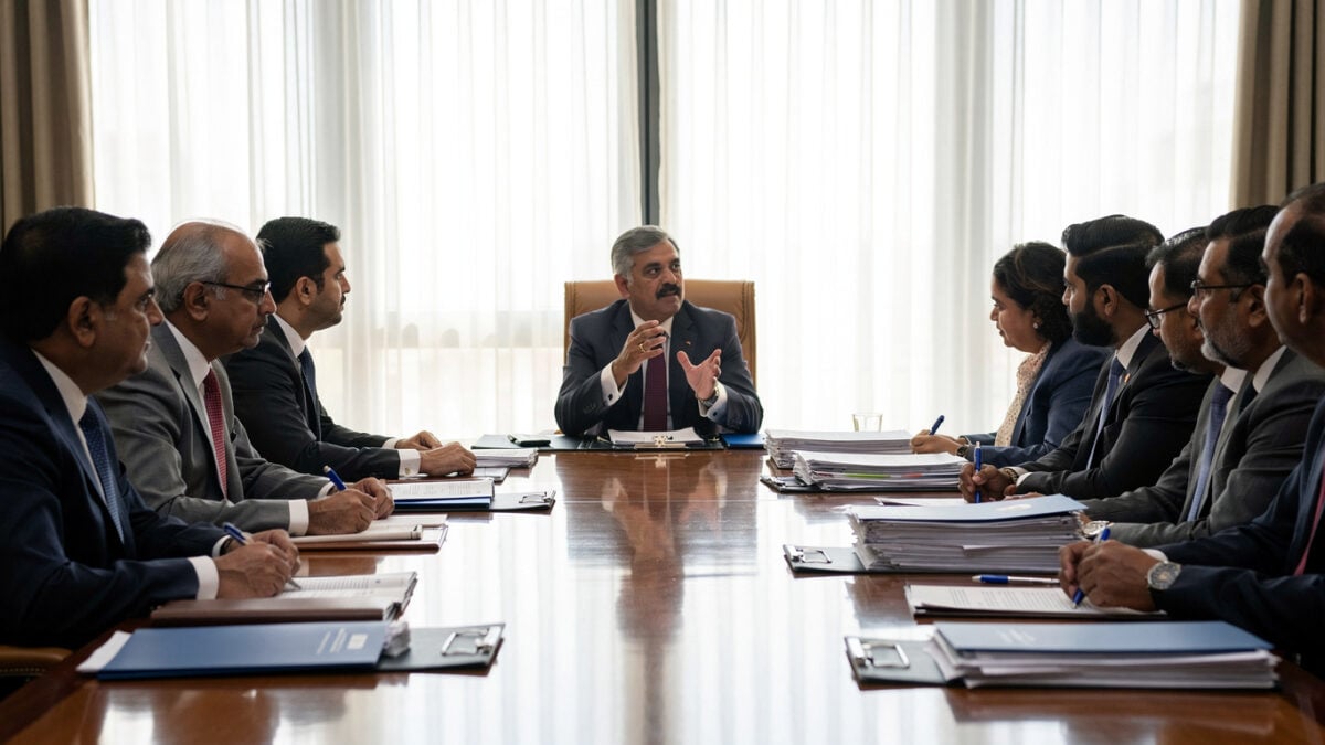 Indian and Bangladeshi diplomats in tense bilateral meeting, New Delhi government building, afternoon light