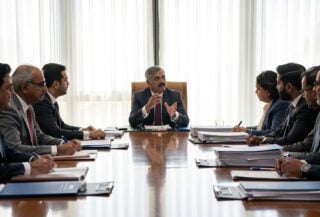 Indian and Bangladeshi diplomats in tense bilateral meeting, New Delhi government building, afternoon light