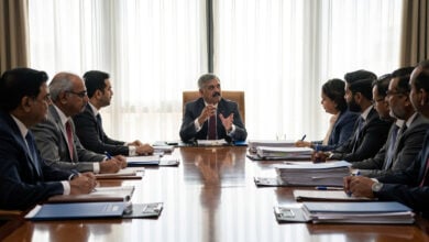 Indian and Bangladeshi diplomats in tense bilateral meeting, New Delhi government building, afternoon light