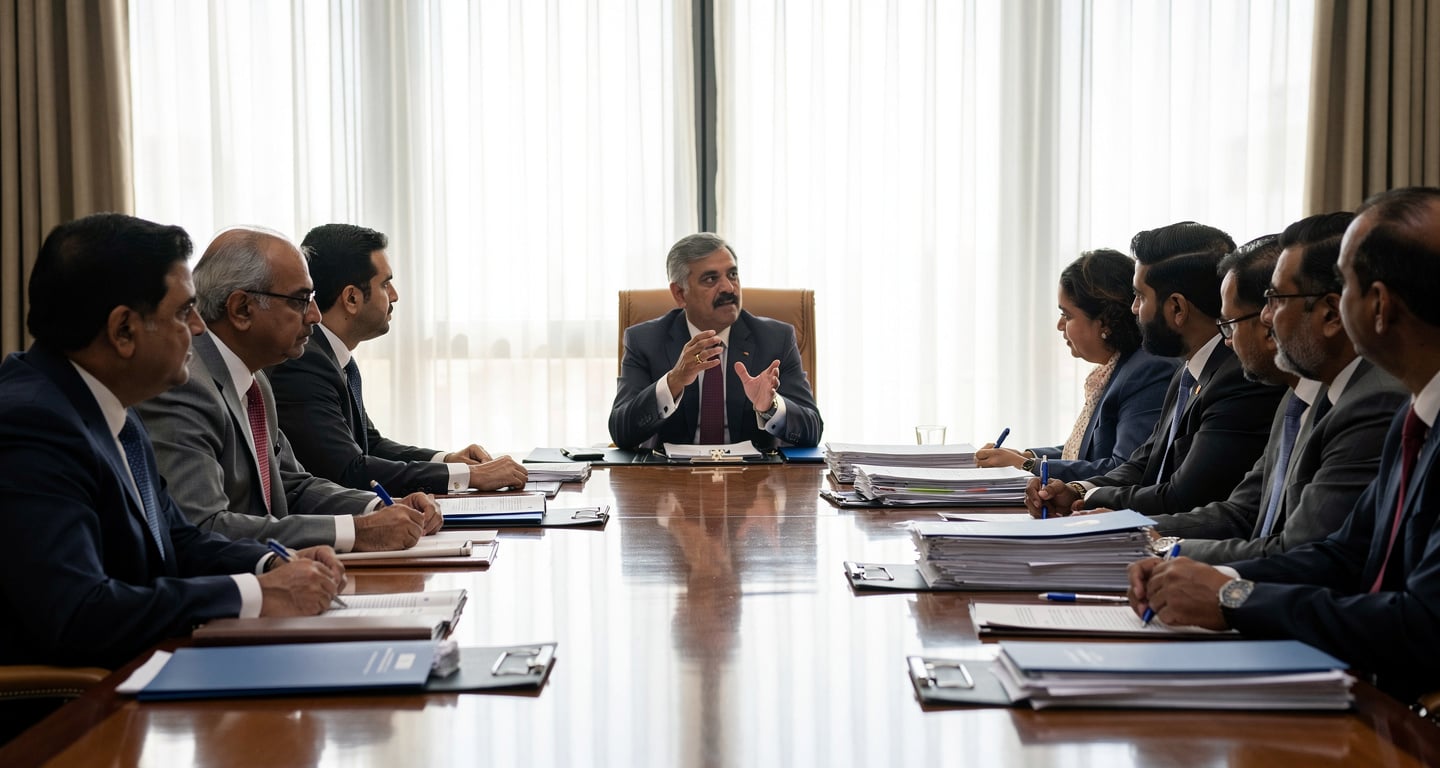 Indian and Bangladeshi diplomats in tense bilateral meeting, New Delhi government building, afternoon light