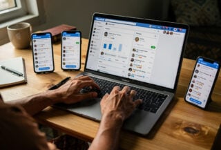 Indonesian content creator working at desk with multiple devices showing Facebook engagement metrics