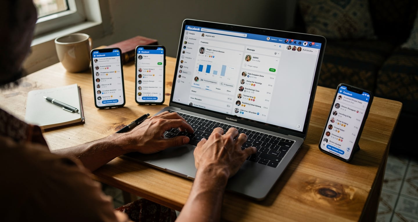 Indonesian content creator working at desk with multiple devices showing Facebook engagement metrics