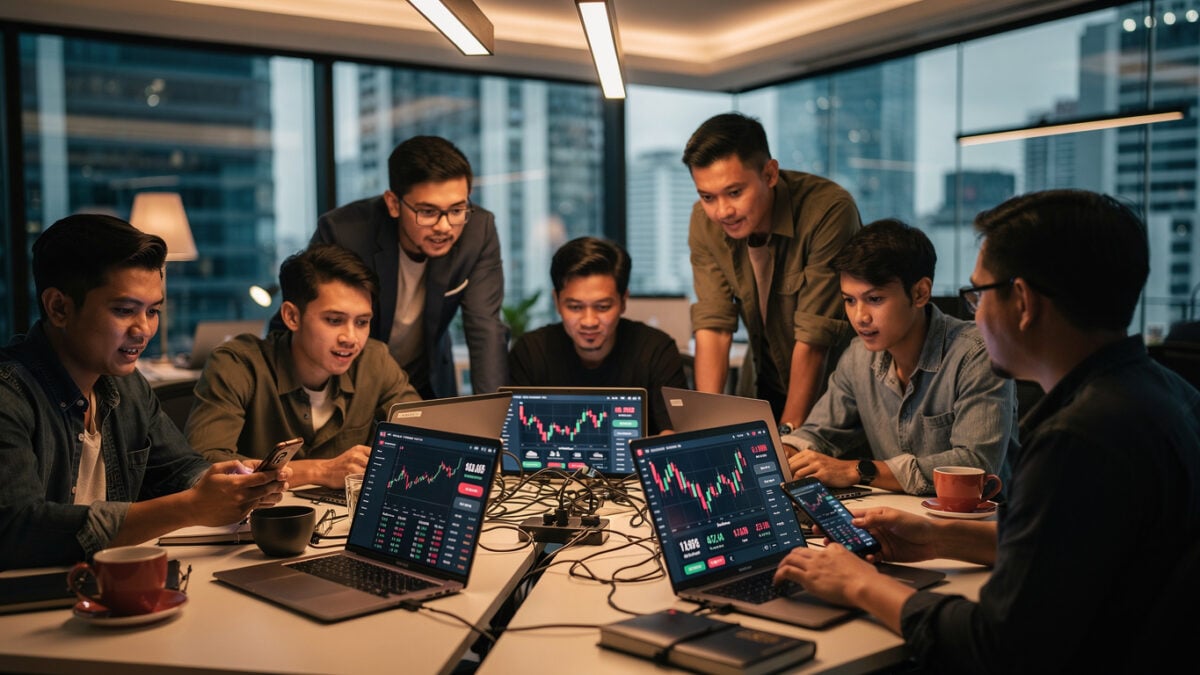 Indonesian fintech traders monitoring investment portfolios on mobile devices in Jakarta office