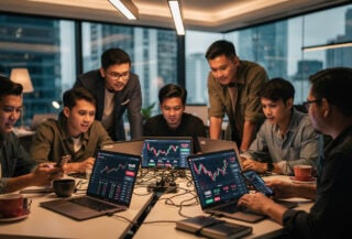 Indonesian fintech traders monitoring investment portfolios on mobile devices in Jakarta office