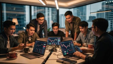 Indonesian fintech traders monitoring investment portfolios on mobile devices in Jakarta office