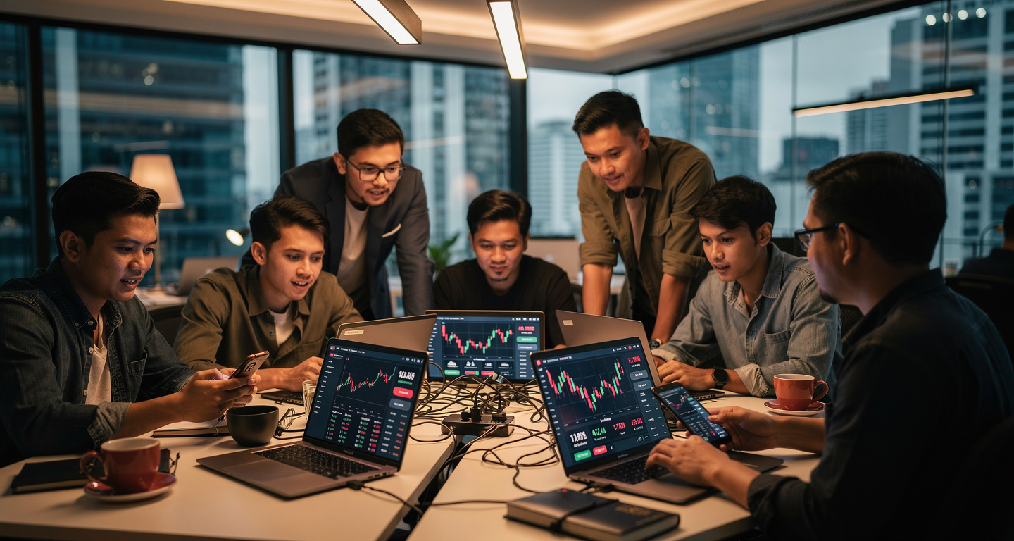 Indonesian fintech traders monitoring investment portfolios on mobile devices in Jakarta office