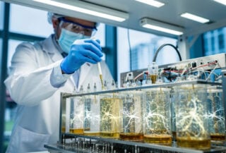 Lab technician pipetting nutrients into biological computer rack with glowing neural cultures, Singapore research facility