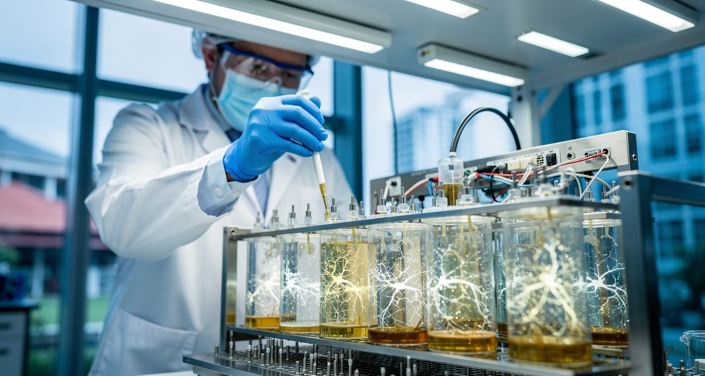 Lab technician pipetting nutrients into biological computer rack with glowing neural cultures, Singapore research facility