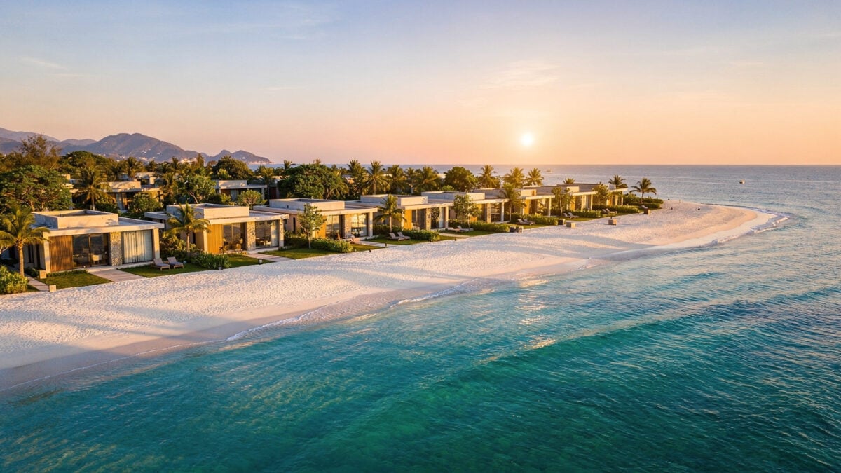 Luxury beachfront villa resort, Nha Trang Bay, Vietnam, golden hour lighting