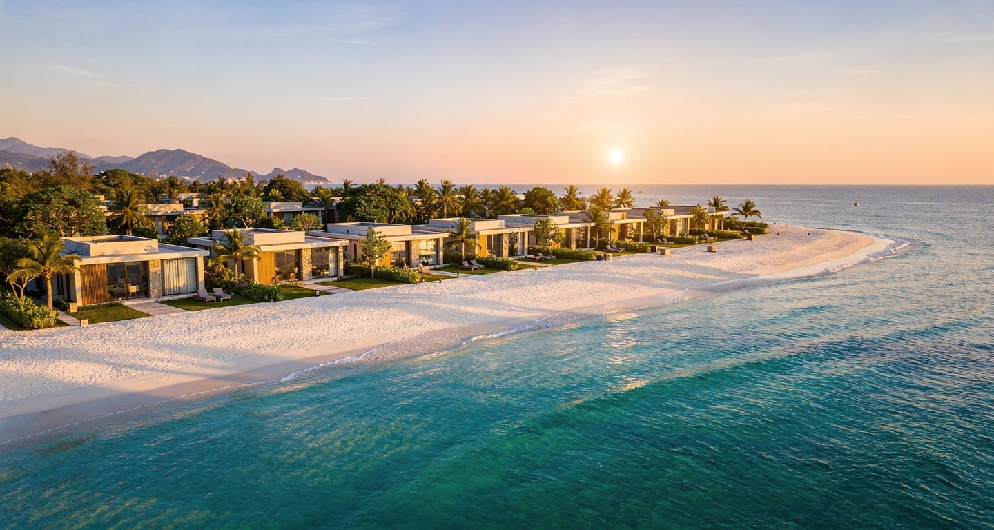 Luxury beachfront villa resort, Nha Trang Bay, Vietnam, golden hour lighting