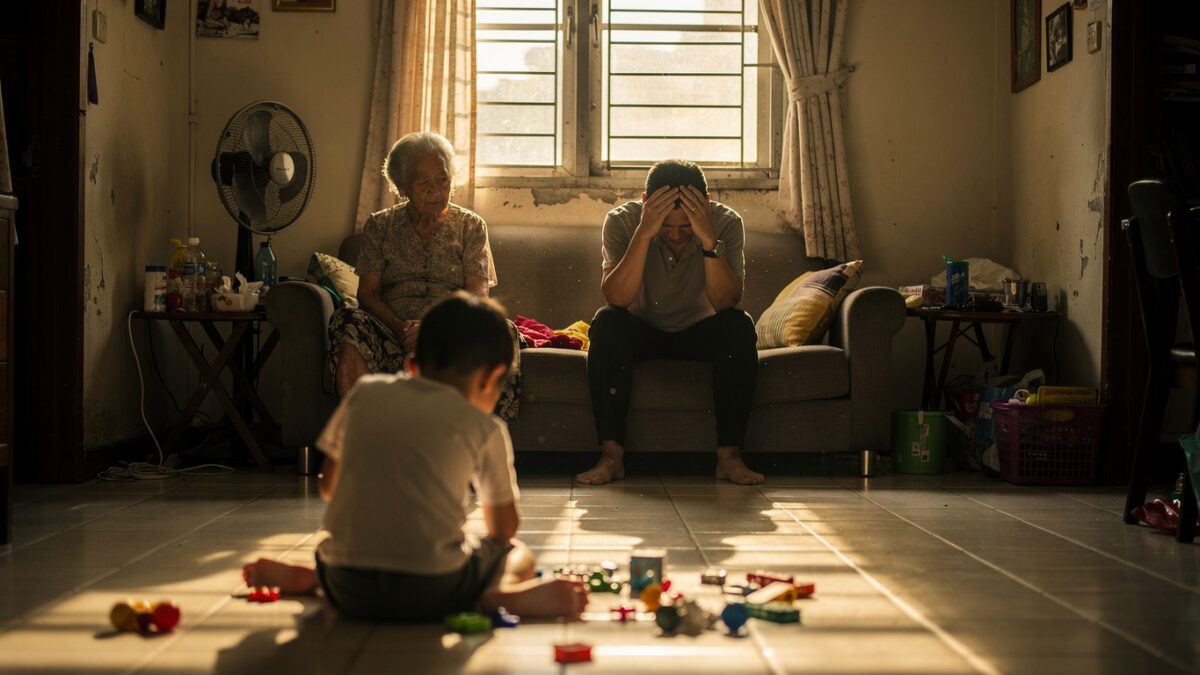 Multi-generational family in Singapore home, grandmother, parent, and child in modest interior