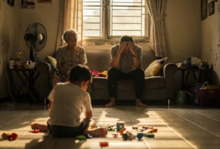 Multi-generational family in Singapore home, grandmother, parent, and child in modest interior