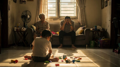 Multi-generational family in Singapore home, grandmother, parent, and child in modest interior