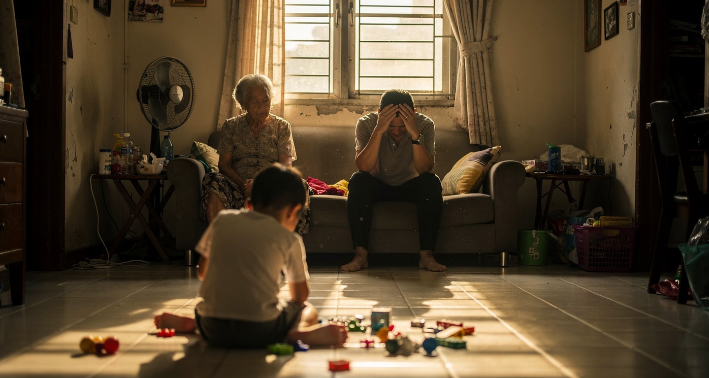 Multi-generational family in Singapore home, grandmother, parent, and child in modest interior
