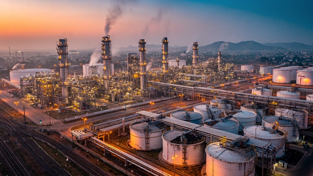 Oil refinery complex with distillation towers at dusk, Mumbai, India