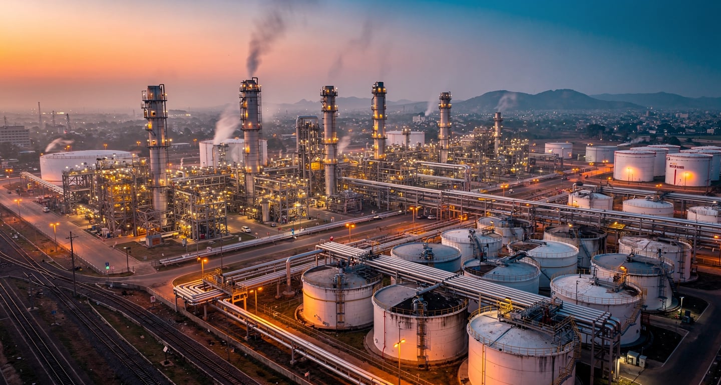 Oil refinery complex with distillation towers at dusk, Mumbai, India