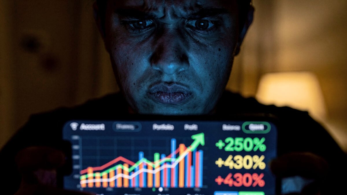 Person viewing deepfake investment scam on smartphone screen, skeptical expression, indoor lighting