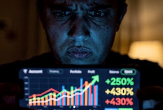 Person viewing deepfake investment scam on smartphone screen, skeptical expression, indoor lighting