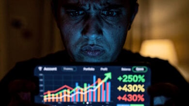 Person viewing deepfake investment scam on smartphone screen, skeptical expression, indoor lighting