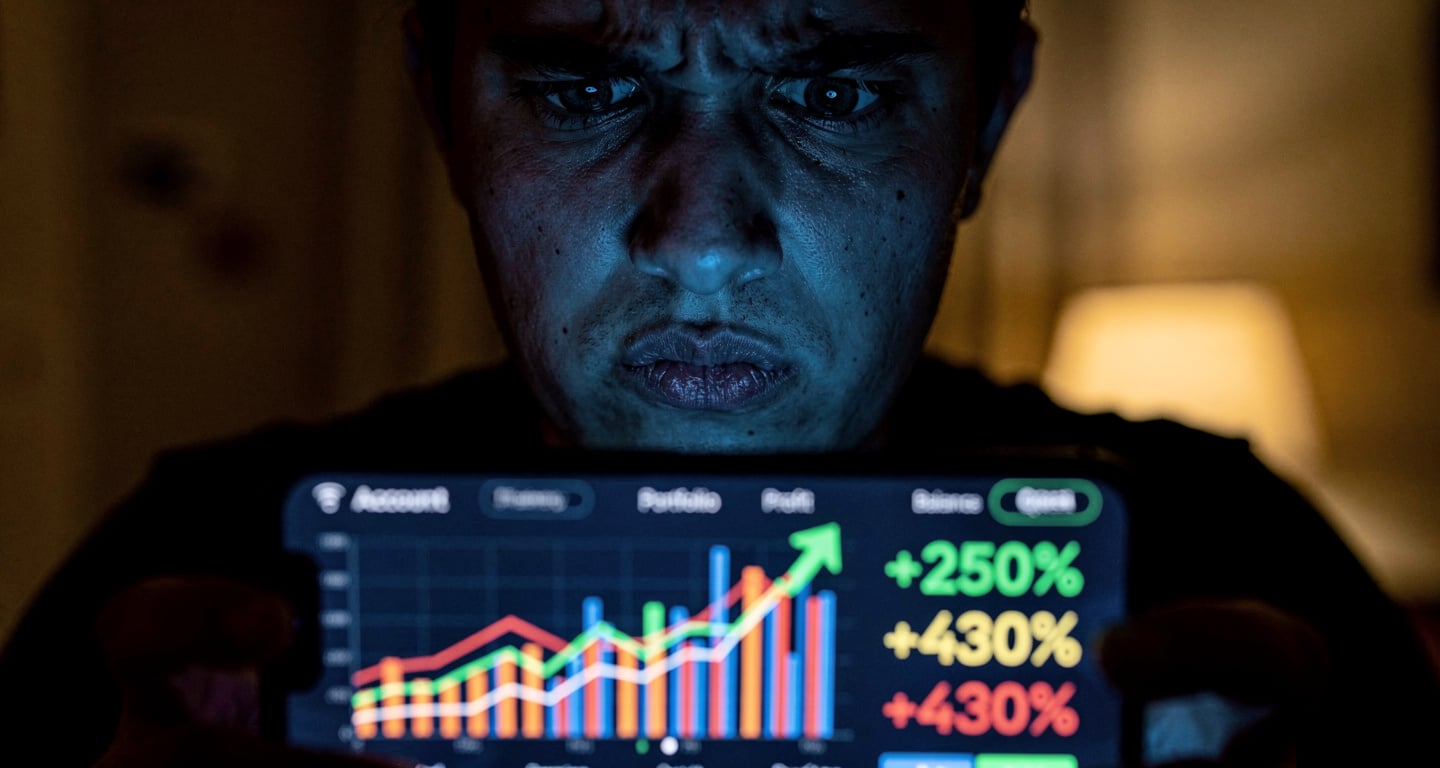 Person viewing deepfake investment scam on smartphone screen, skeptical expression, indoor lighting