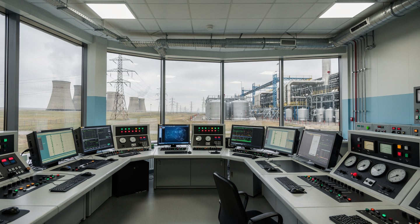 Power plant control room with energy infrastructure, Kazakhstan industrial setting