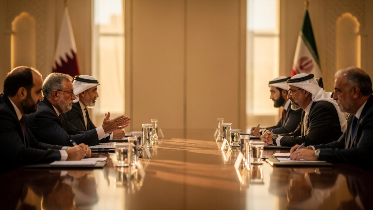 Qatari and Iranian diplomats in tense negotiation at formal Doha conference table, afternoon light