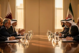 Qatari and Iranian diplomats in tense negotiation at formal Doha conference table, afternoon light