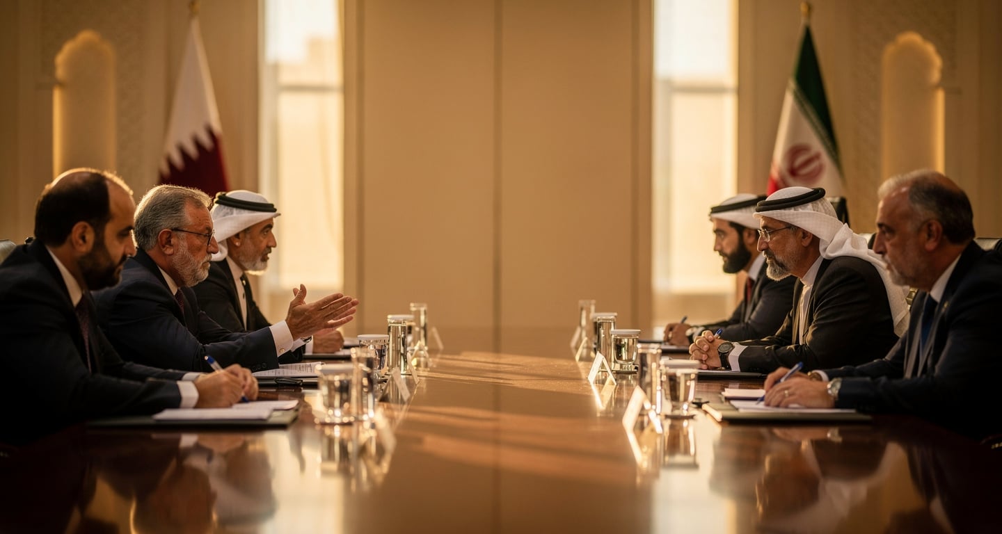 Qatari and Iranian diplomats in tense negotiation at formal Doha conference table, afternoon light
