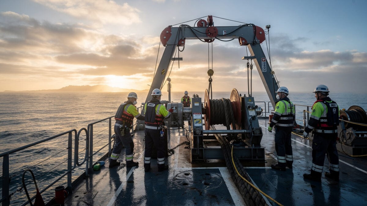 Repair vessel with cable-handling equipment over Indian Ocean near Perth, technicians monitoring subsea operations
