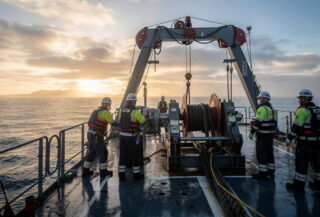 Repair vessel with cable-handling equipment over Indian Ocean near Perth, technicians monitoring subsea operations