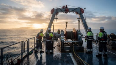 Repair vessel with cable-handling equipment over Indian Ocean near Perth, technicians monitoring subsea operations