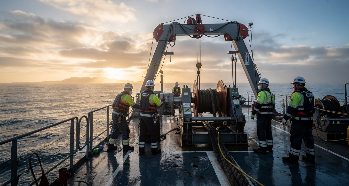 Repair vessel with cable-handling equipment over Indian Ocean near Perth, technicians monitoring subsea operations