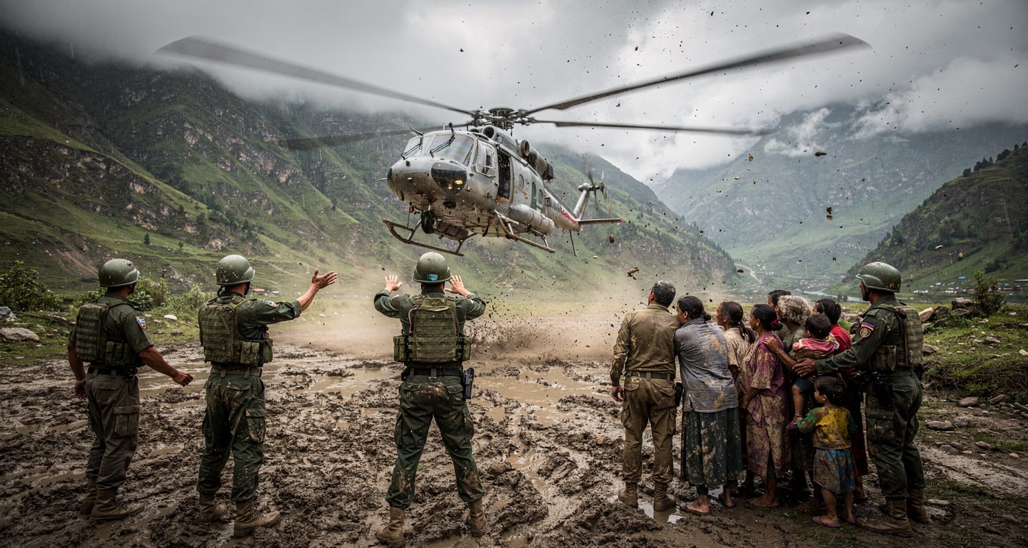 Rescue helicopter landing near Bidur with military personnel and waiting families in Himalayan valley